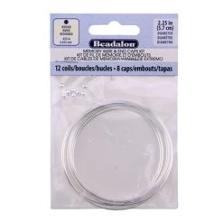 3MW811-LT: Memory Wire Kit, Round, Silver Plated Large Bracelet 2.25 In, 5.7 Cm / Diameter, Approx. 12 Coils, Silver Plated 3 Mm Memory Wire End Caps, 8 Pc