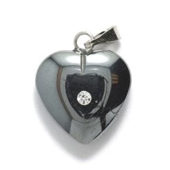 59ST403-C: Hematite Heart With Crystal And Bail 15mm - 3 Pieces