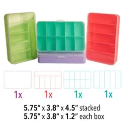 BC224-ORG: Stackable 4 Box Organizer Set 22 Compartments Total 5.75x3.8x1.2" 4.5 Inches Total Stack Height -Handmade Beads Discount Store BC224 ORG info