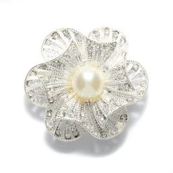 ME4157-BS: Metal Broach Flower With Pearl Crystal Rhinestone 6lp Silver 45m - 1 Piece